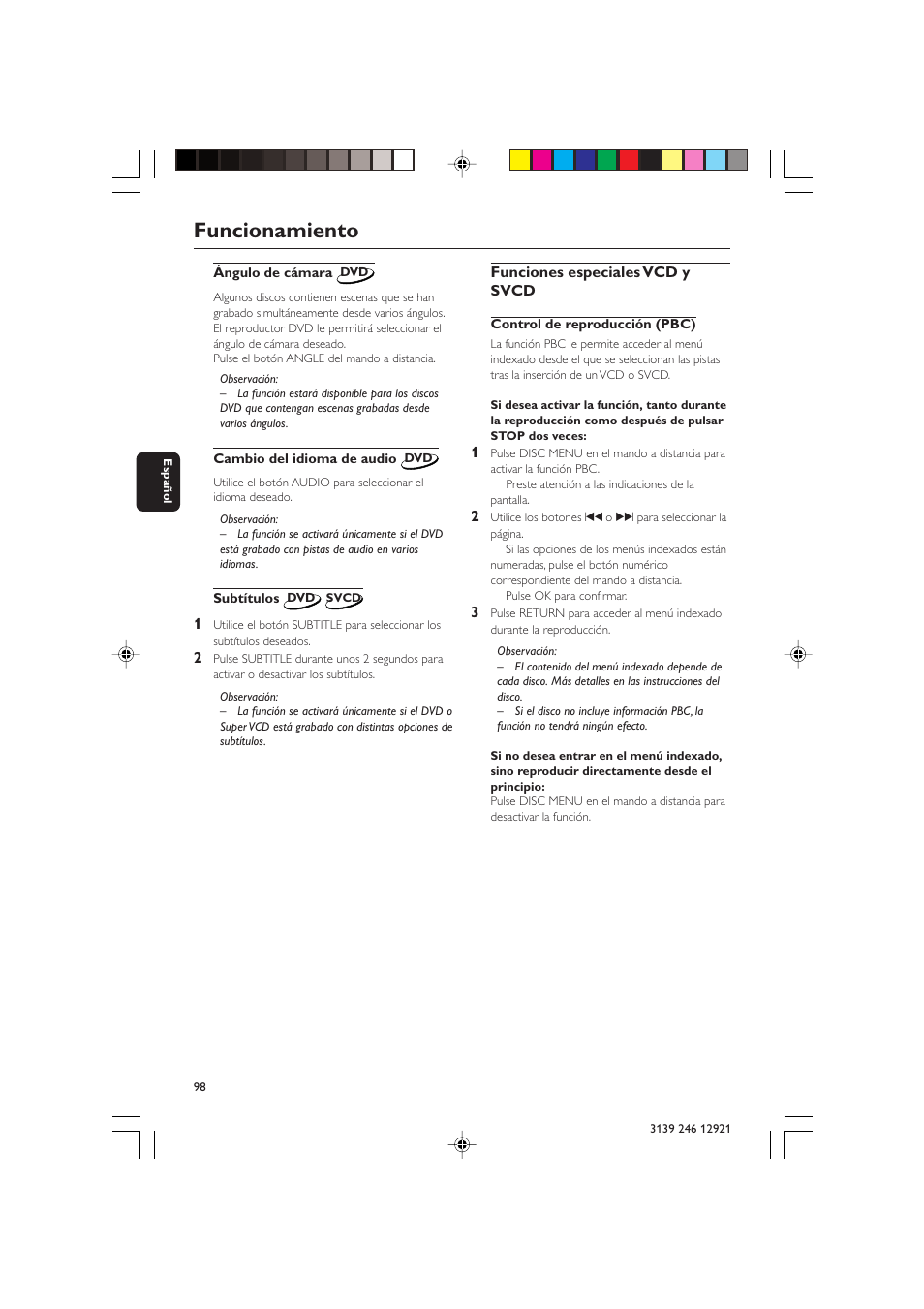 Funcionamiento | Philips DVD 729 User Manual | Page 15 / 34