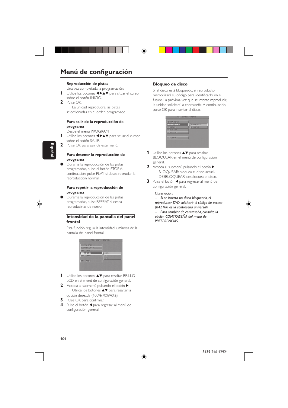 Menú de configuración | Philips DVD 729 User Manual | Page 21 / 34