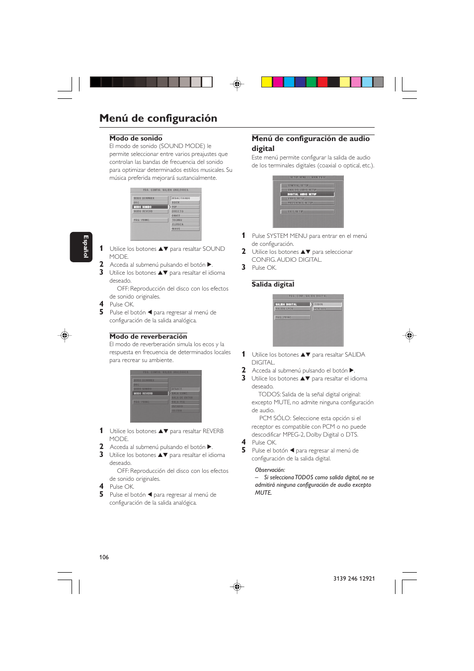 Menú de configuración | Philips DVD 729 User Manual | Page 23 / 34