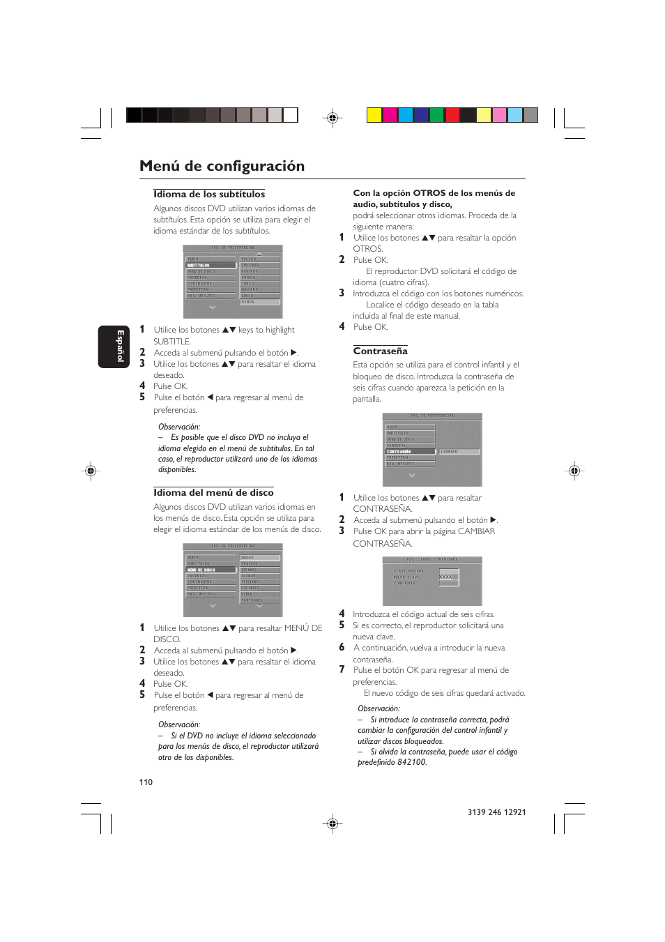 Menú de configuración | Philips DVD 729 User Manual | Page 27 / 34