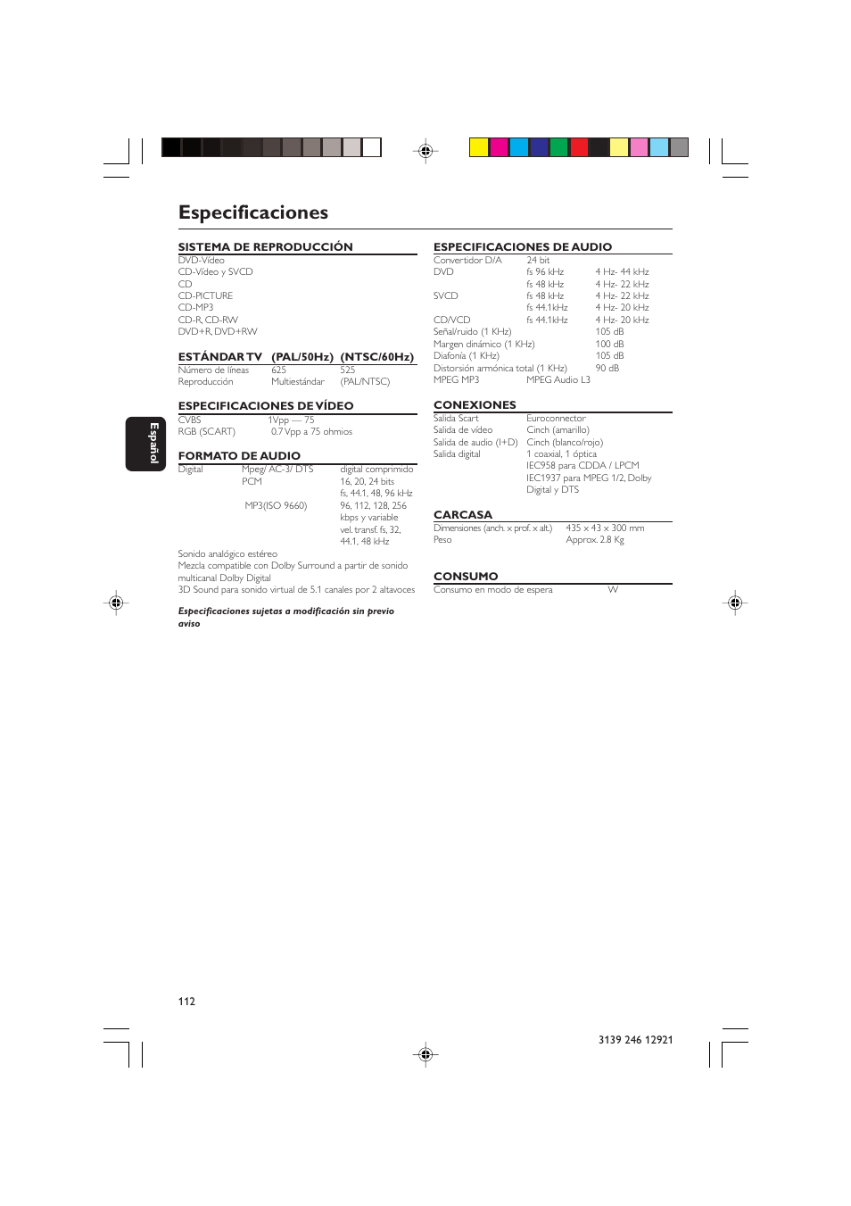 Especificaciones | Philips DVD 729 User Manual | Page 29 / 34