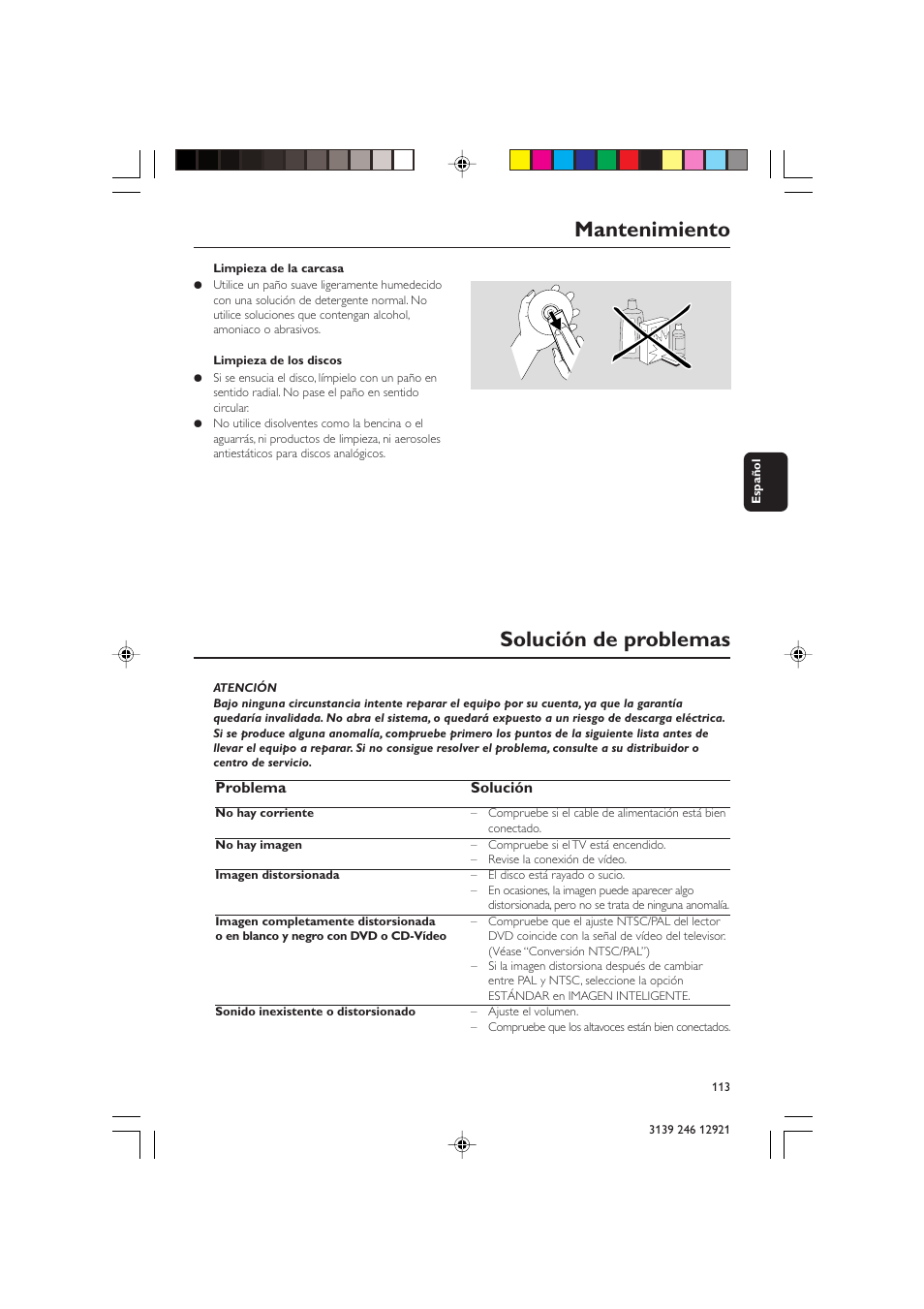 Solución de problemas, Mantenimiento, Problema solución | Philips DVD 729 User Manual | Page 30 / 34