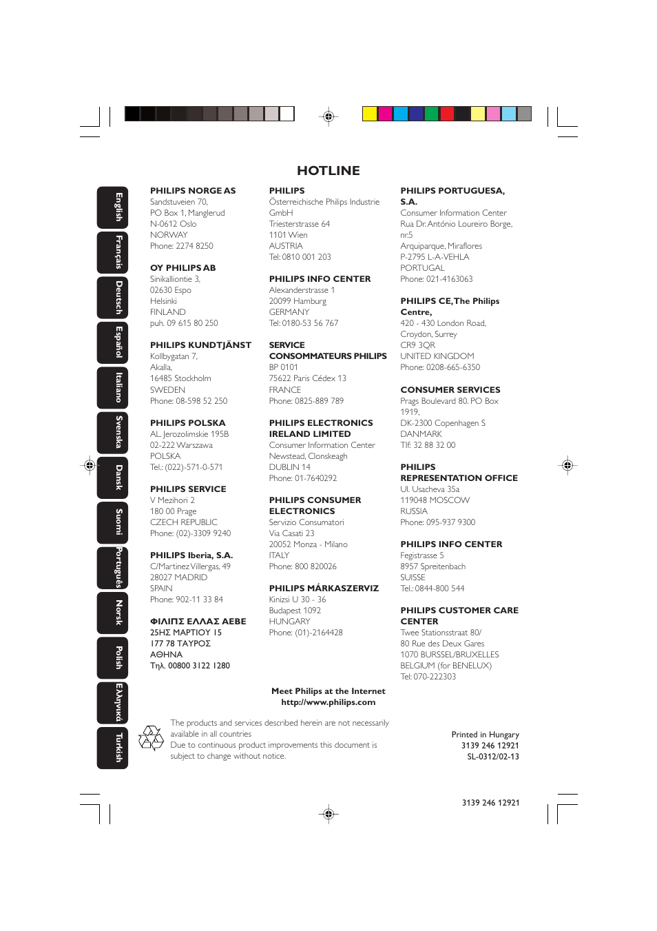 Hotline | Philips DVD 729 User Manual | Page 34 / 34