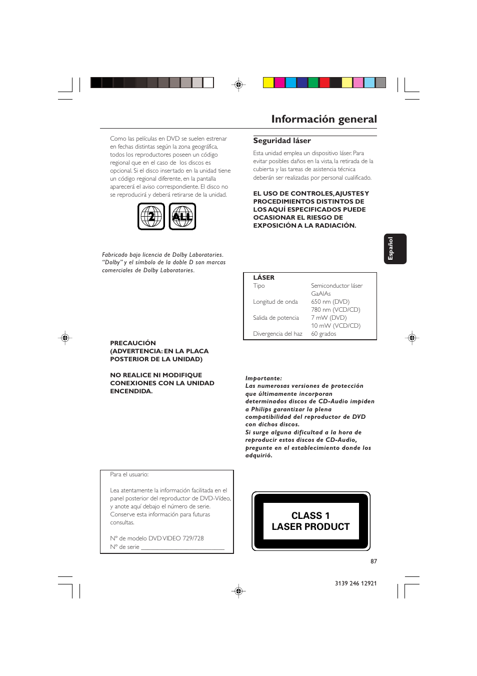 Información general, Class 1 laser product | Philips DVD 729 User Manual | Page 4 / 34