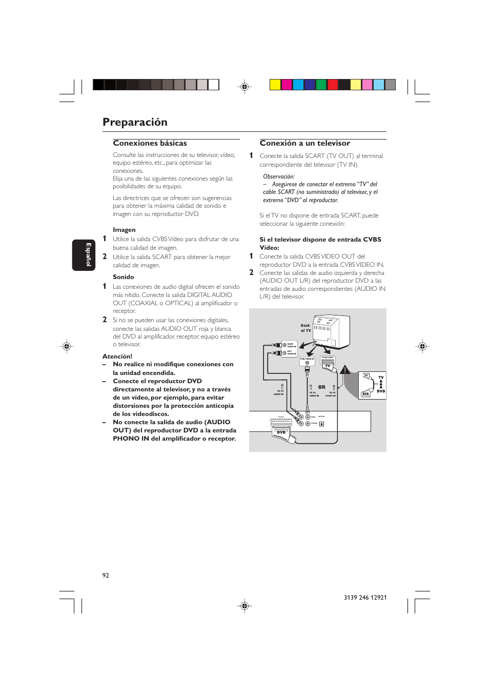 Preparación, Conexiones básicas, Conexión a un televisor 1 | Philips DVD 729 User Manual | Page 9 / 34
