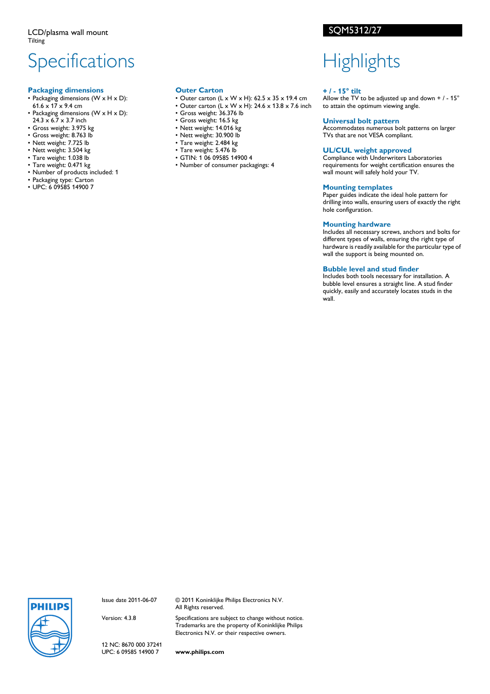 Specifications, Highlights | Philips SQM5312 User Manual | Page 2 / 2
