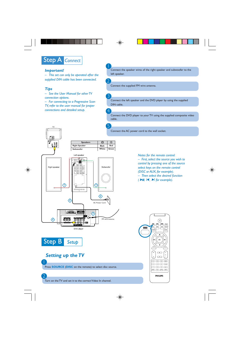 Setting up the tv, Important, Tips | Antenna fm (75 ω) | Philips DVD Micro Theatre MCD139 User Manual | Page 2 / 4