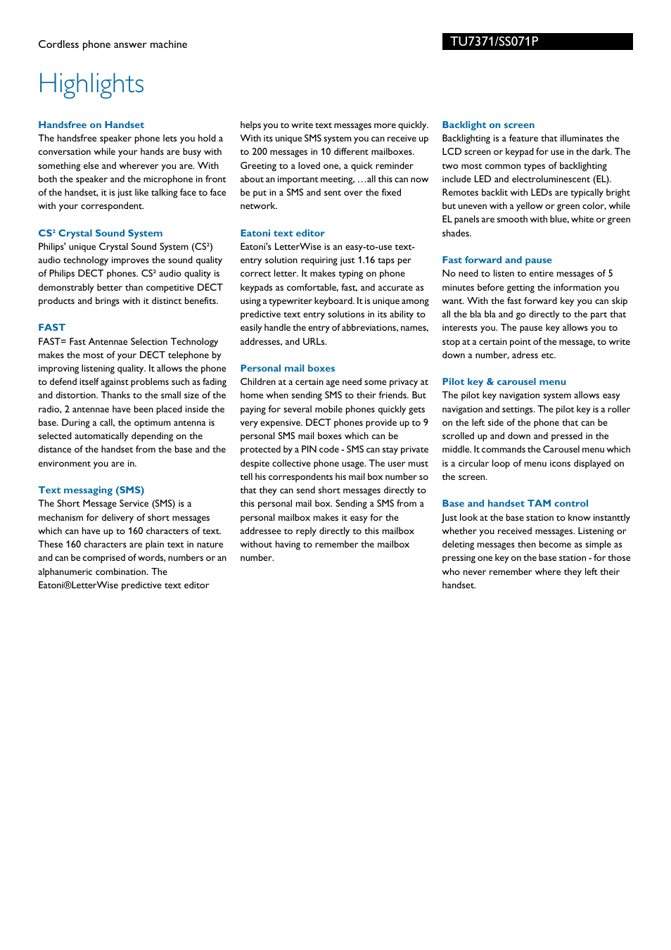 Highlights | Philips Zenia SS071P User Manual | Page 2 / 3