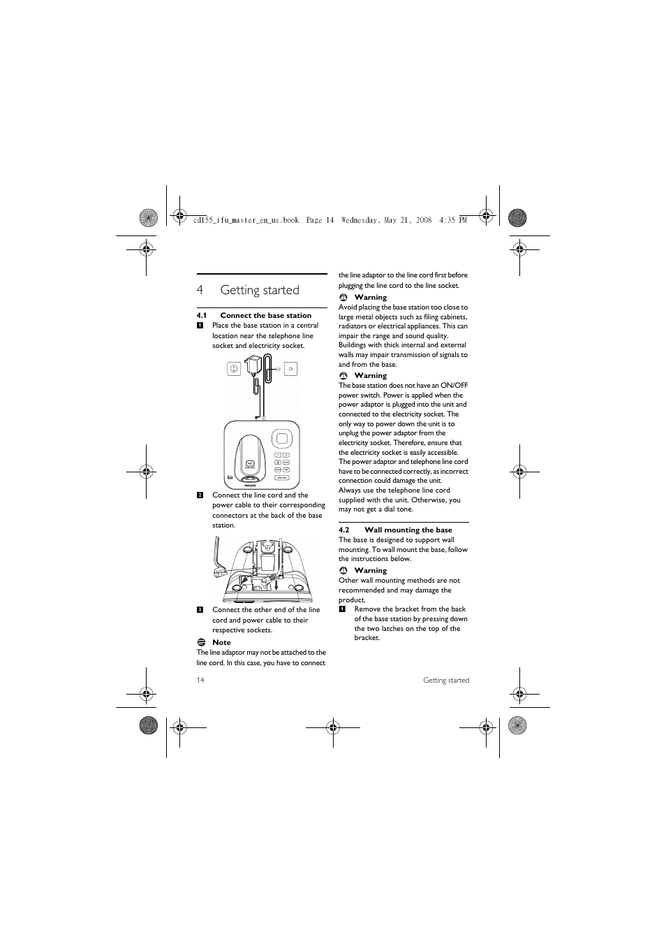 4 getting started, 1 connect the base station, 2 wall mounting the base | 4getting started | Philips CD1551B User Manual | Page 16 / 49