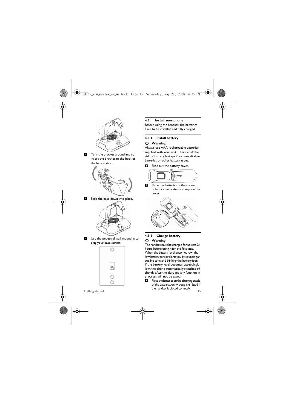 3 install your phone | Philips CD1551B User Manual | Page 17 / 49