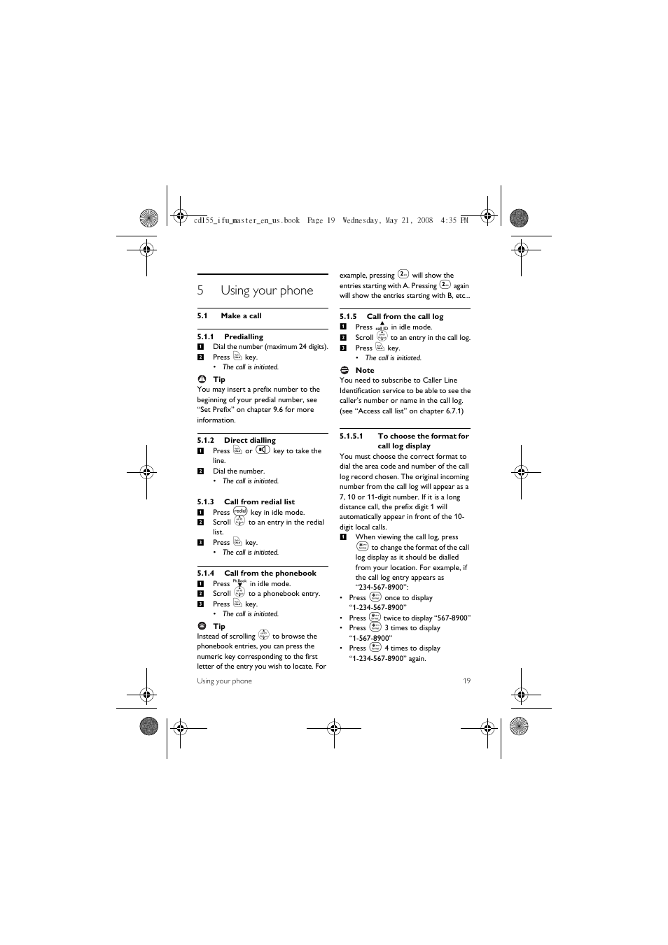 5 using your phone, 1 make a call, 5using your phone | Philips CD1551B User Manual | Page 21 / 49