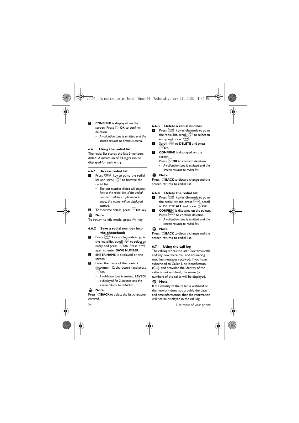 6 using the redial list, 7 using the call log | Philips CD1551B User Manual | Page 26 / 49