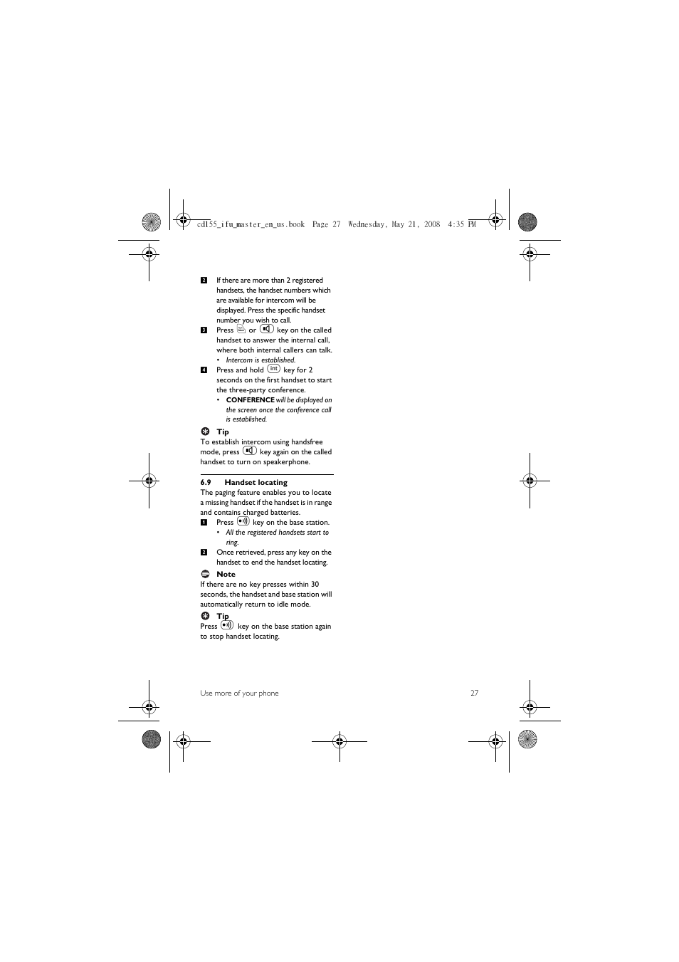 9 handset locating | Philips CD1551B User Manual | Page 29 / 49