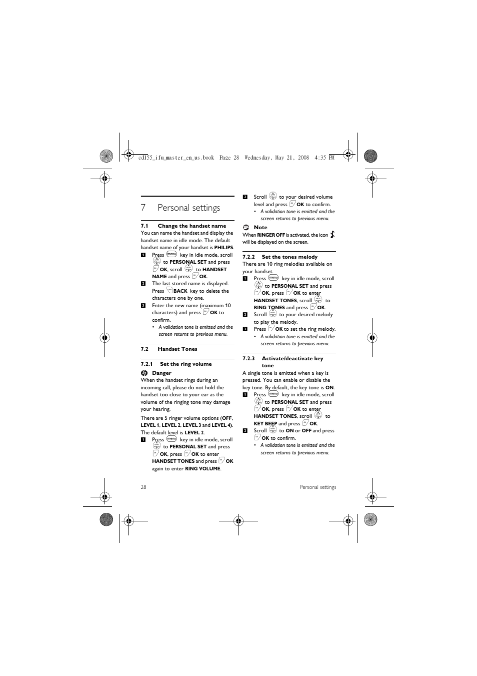 7 personal settings, 1 change the handset name, 2 handset tones | 7personal settings | Philips CD1551B User Manual | Page 30 / 49