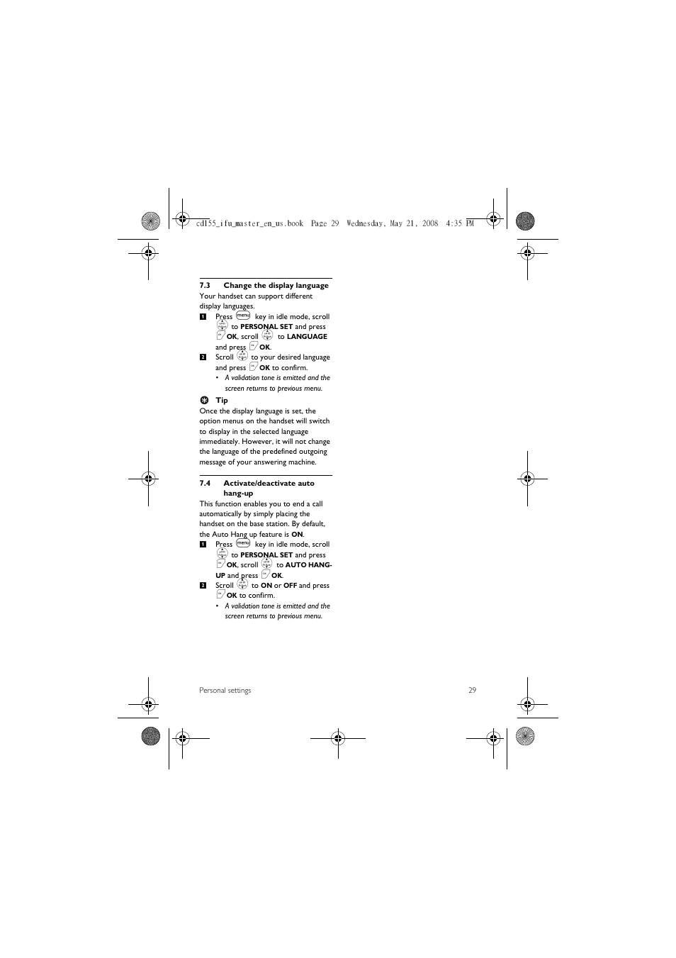 3 change the display language, 4 activate/deactivate auto hang-up | Philips CD1551B User Manual | Page 31 / 49