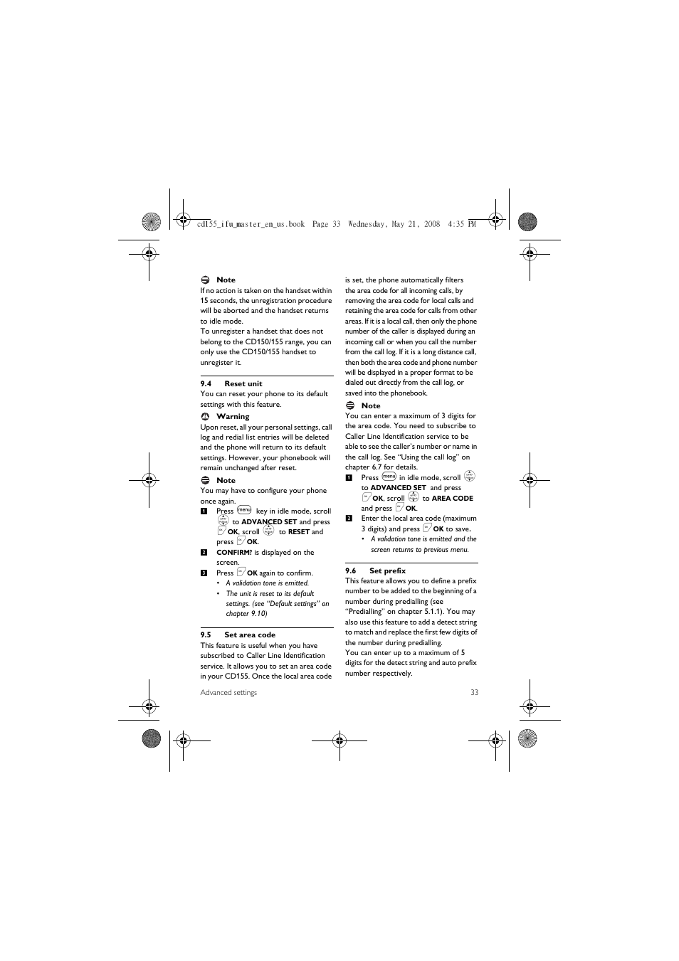 4 reset unit, 5 set area code, 6 set prefix | Philips CD1551B User Manual | Page 35 / 49
