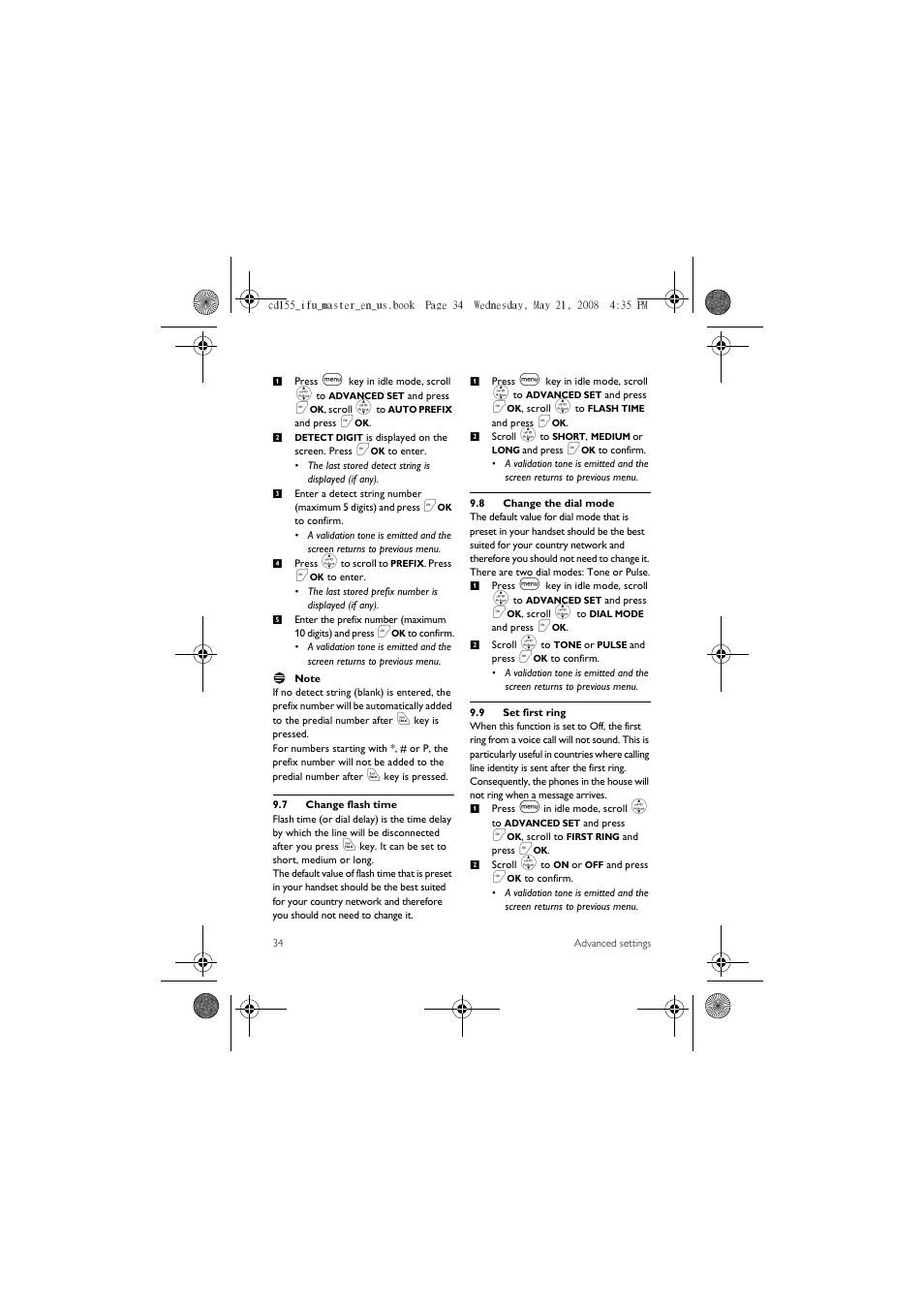 7 change flash time, 8 change the dial mode, 9 set first ring | Philips CD1551B User Manual | Page 36 / 49