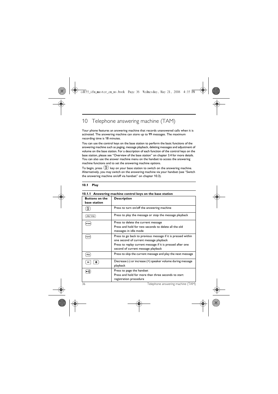 10 telephone answering machine (tam), 1 play | Philips CD1551B User Manual | Page 38 / 49