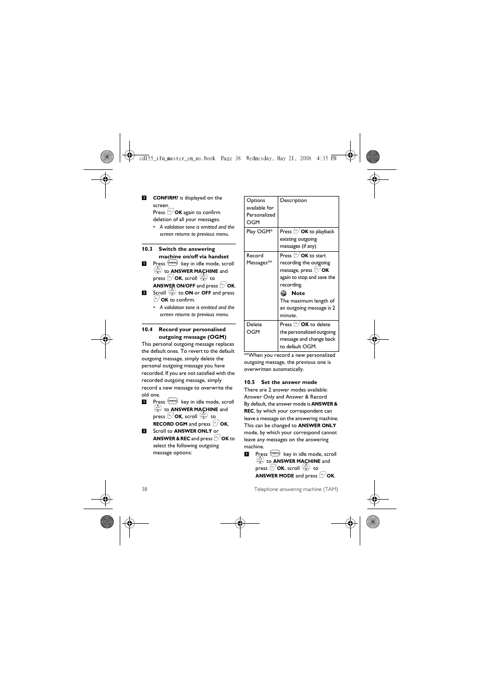 3 switch the answering machine on/off via handset, 4 record your personalised outgoing message (ogm), 5 set the answer mode | Philips CD1551B User Manual | Page 40 / 49