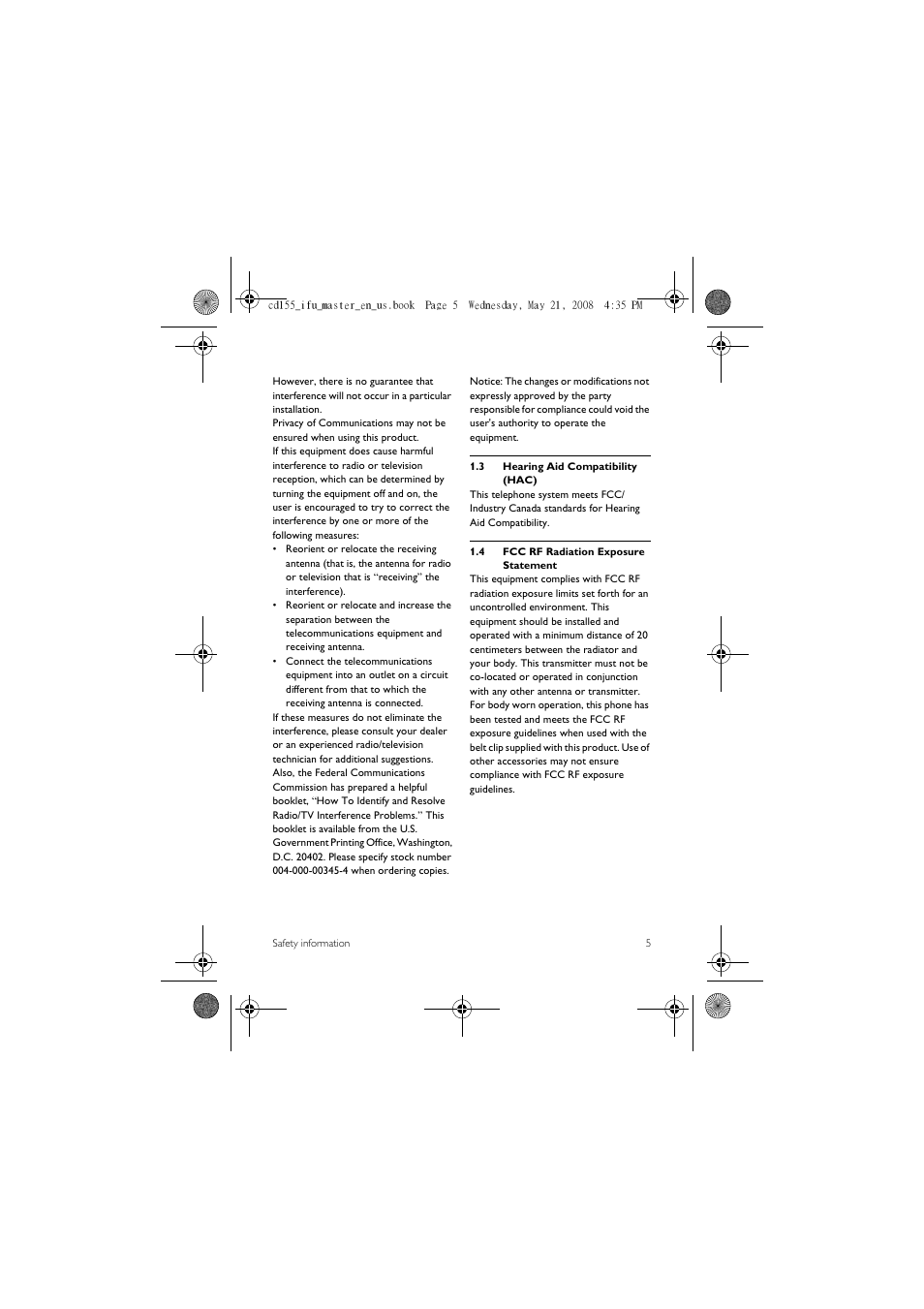 3 hearing aid compatibility (hac), 4 fcc rf radiation exposure statement | Philips CD1551B User Manual | Page 7 / 49