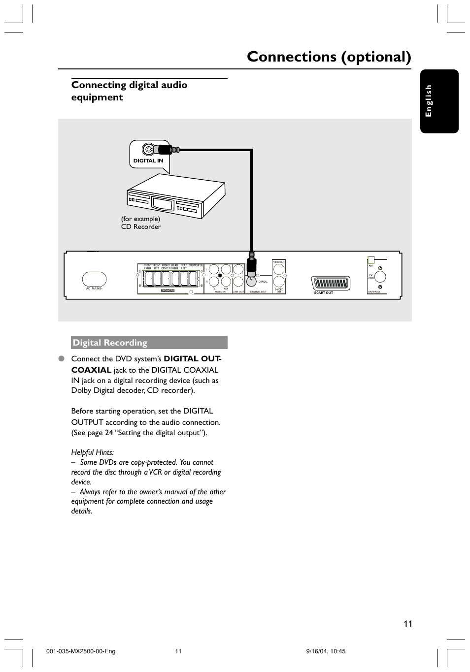 Connections (optional), Connecting digital audio equipment, Digital recording | English | Philips MX2500 User Manual | Page 11 / 36