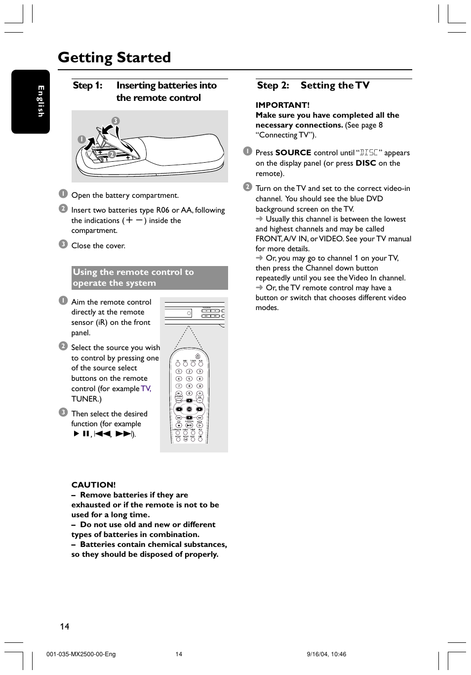 Getting started, Step 2: setting the tv | Philips MX2500 User Manual | Page 14 / 36