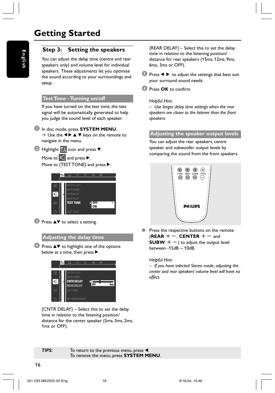 Getting started, Step 3: setting the speakers | Philips MX2500 User Manual | Page 16 / 36