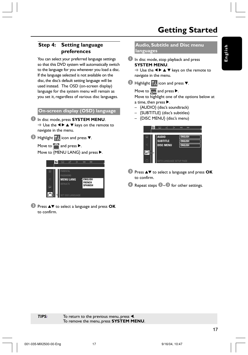 Getting started, Step 4: setting language preferences | Philips MX2500 User Manual | Page 17 / 36