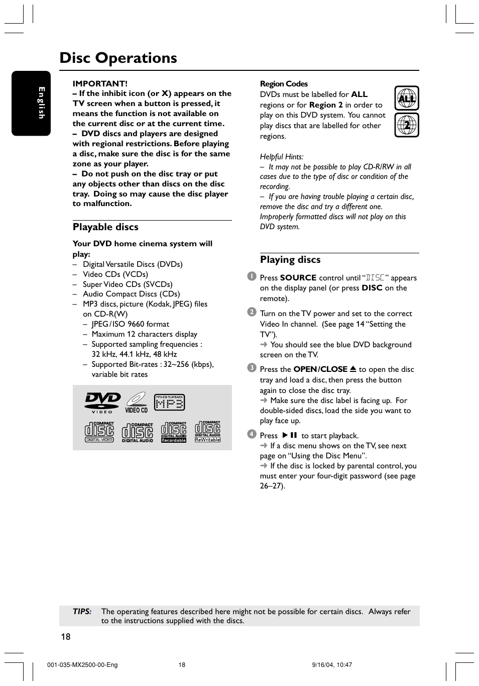 Disc operations | Philips MX2500 User Manual | Page 18 / 36