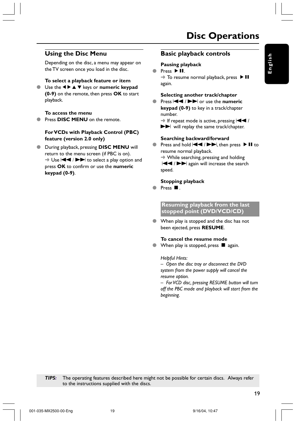 Disc operations, Using the disc menu, Basic playback controls | Philips MX2500 User Manual | Page 19 / 36