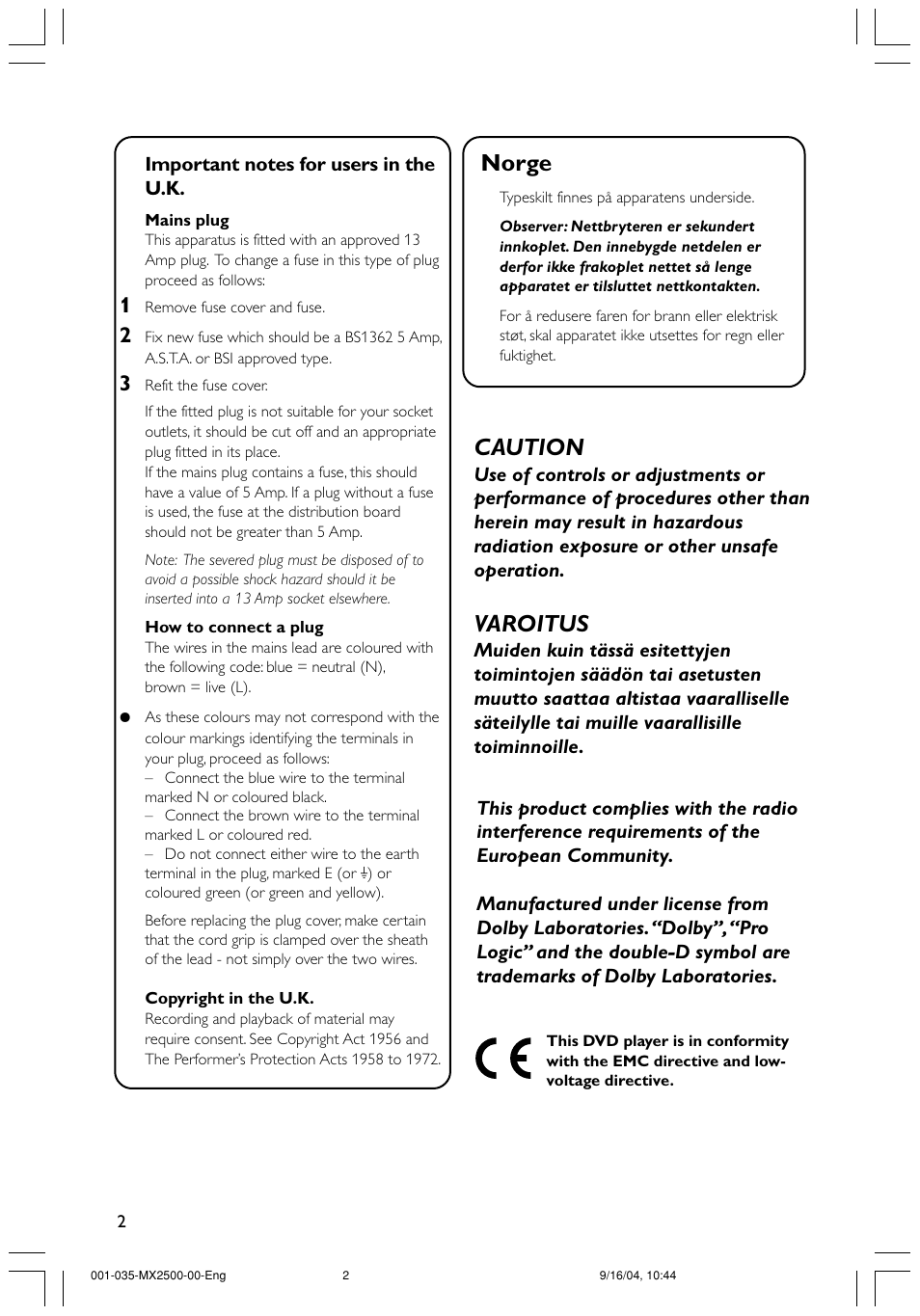 Norge, Caution, Varoitus | Philips MX2500 User Manual | Page 2 / 36