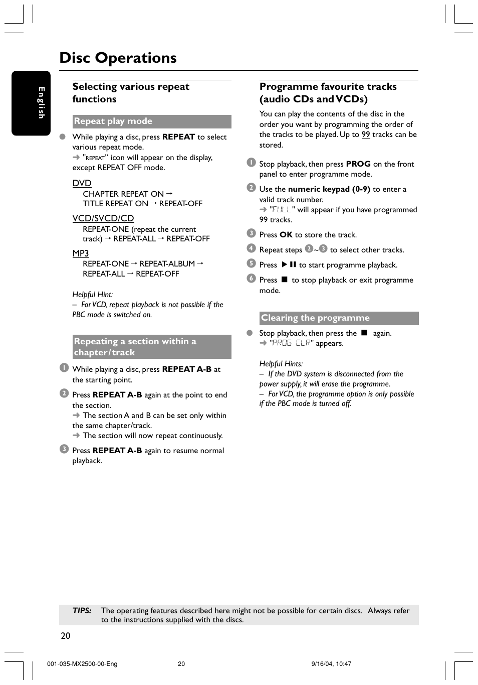 Disc operations | Philips MX2500 User Manual | Page 20 / 36