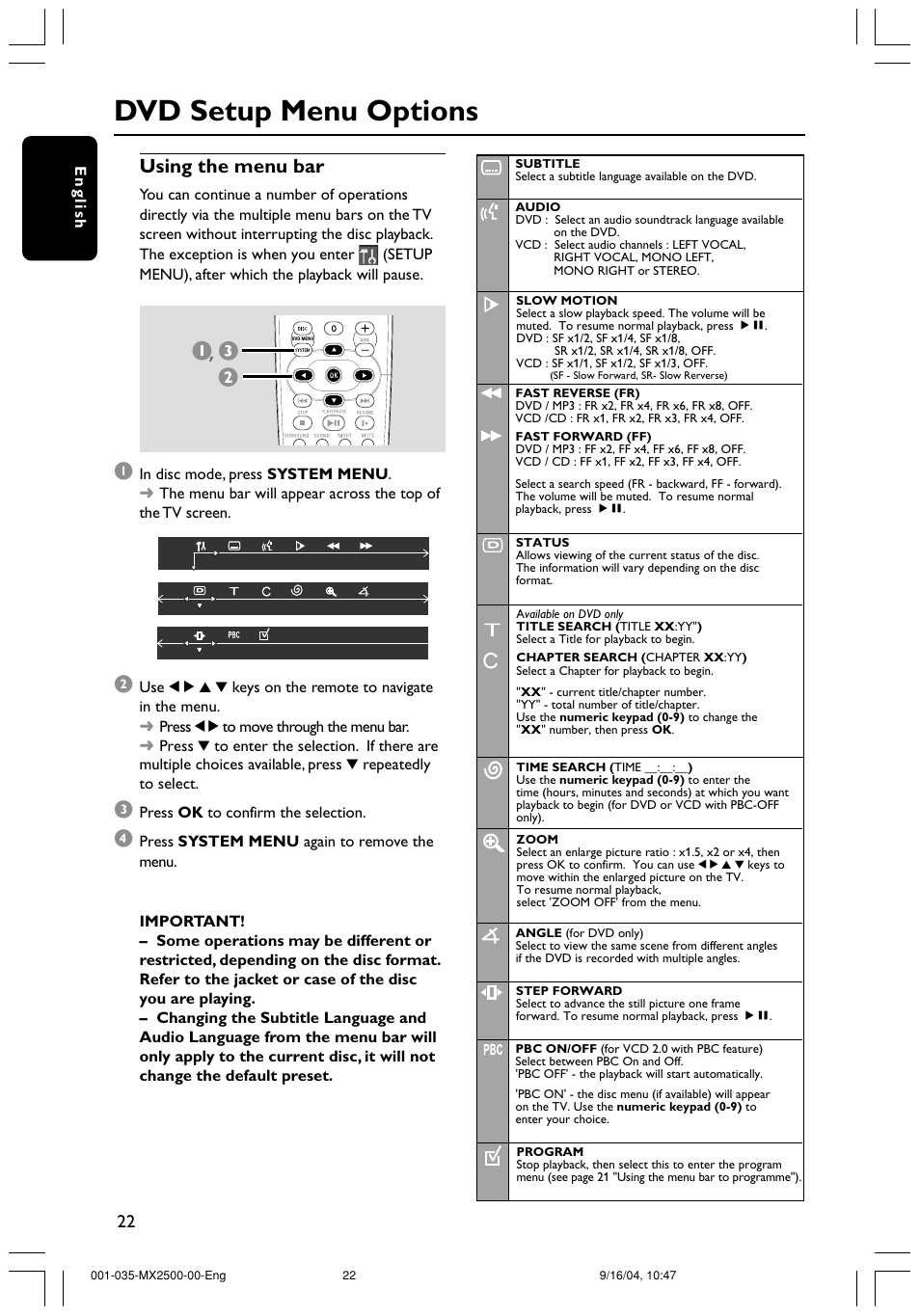 Dvd setup menu options, Using the menu bar | Philips MX2500 User Manual | Page 22 / 36