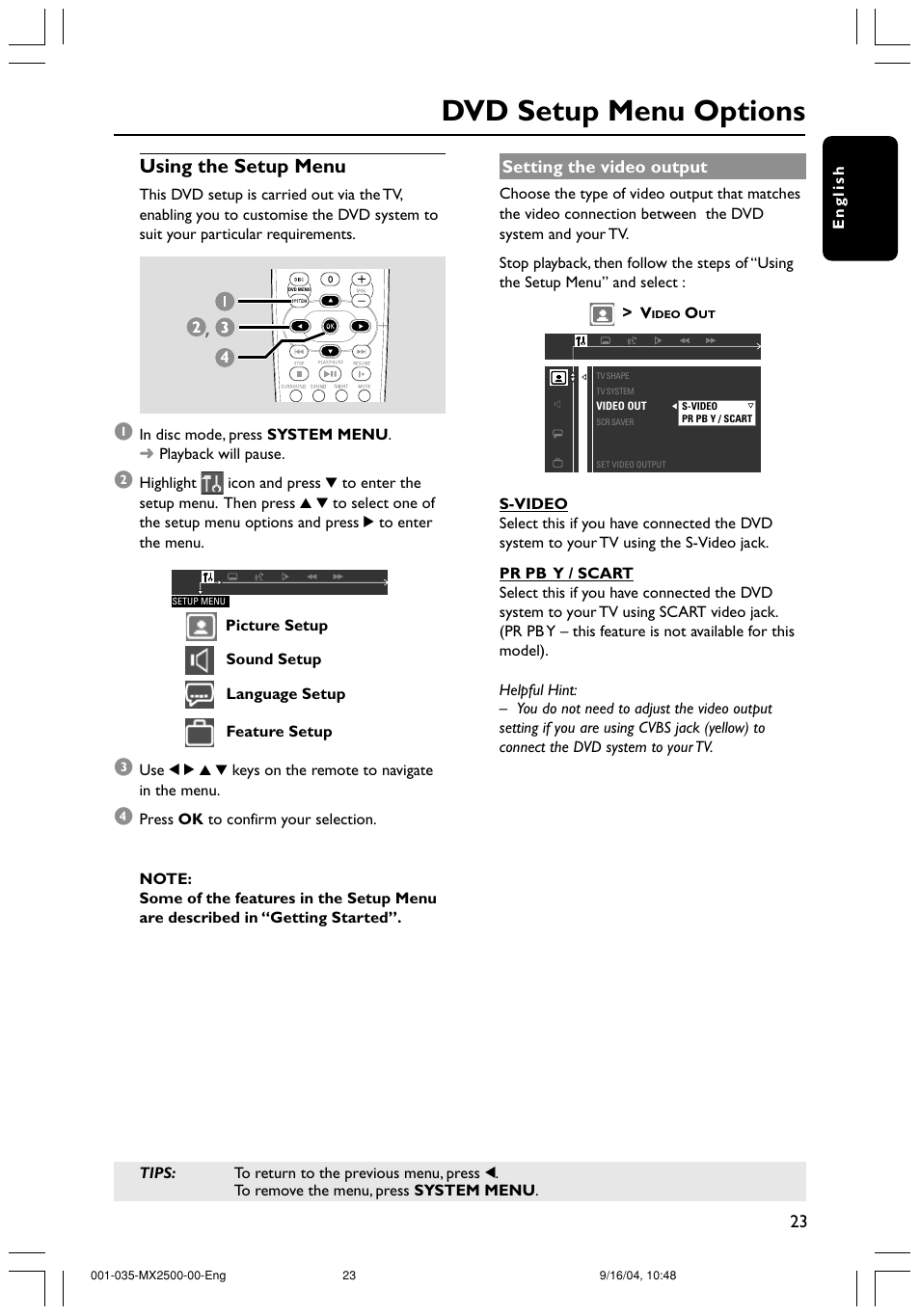 Dvd setup menu options, Using the setup menu | Philips MX2500 User Manual | Page 23 / 36