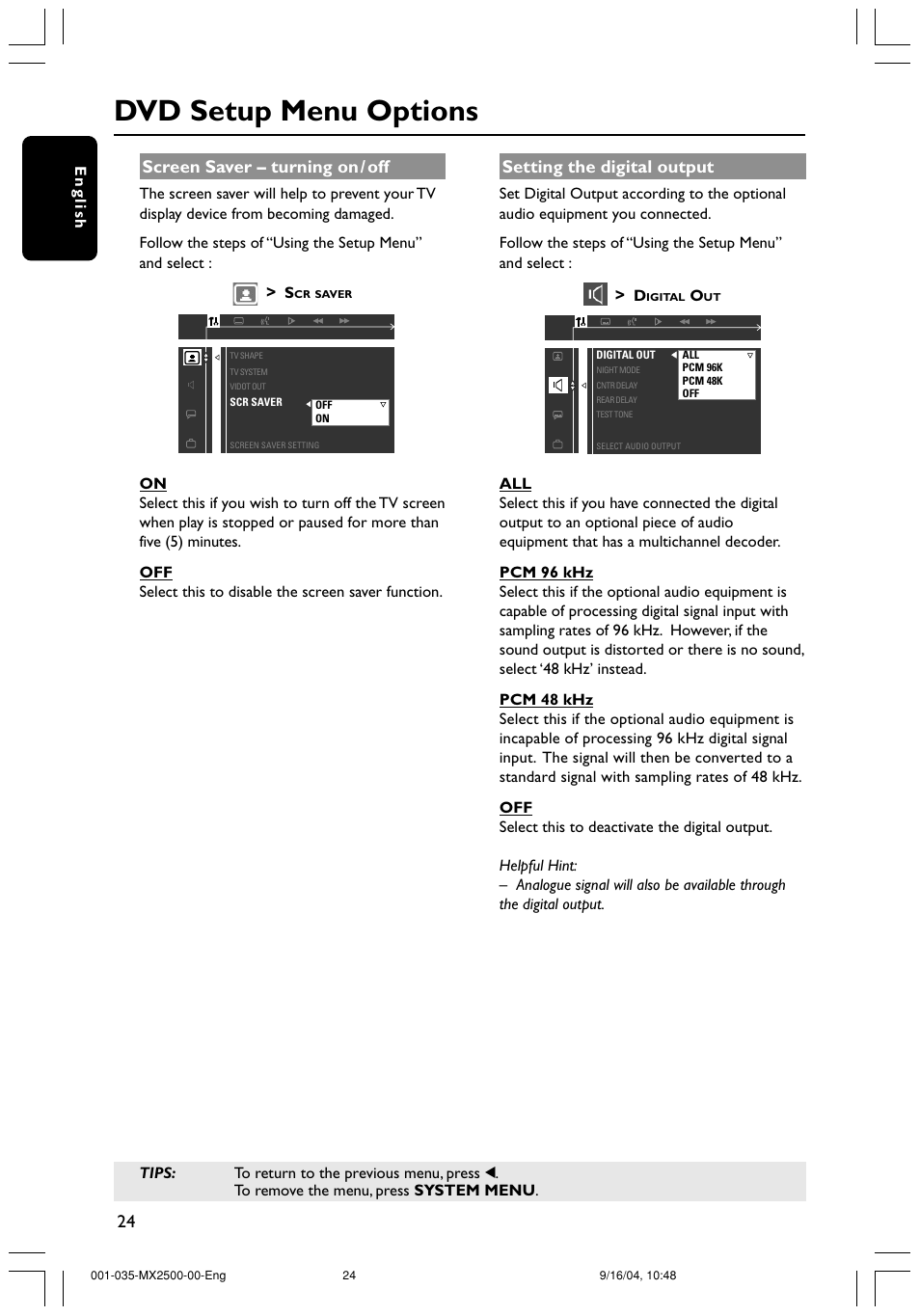 Dvd setup menu options, Screen saver – turning on / off, Setting the digital output | Philips MX2500 User Manual | Page 24 / 36