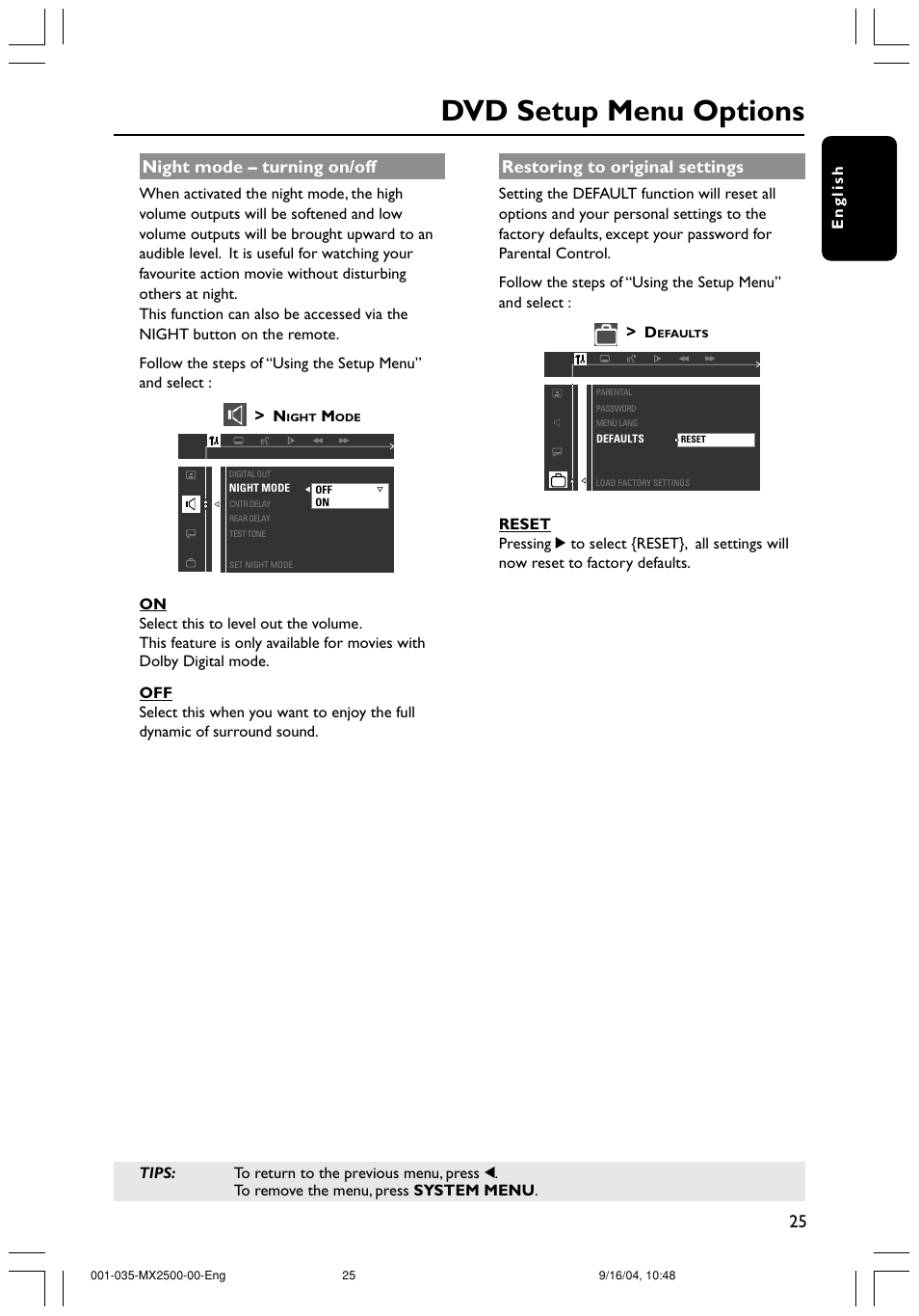 Dvd setup menu options, Night mode – turning on/off, Restoring to original settings | Philips MX2500 User Manual | Page 25 / 36