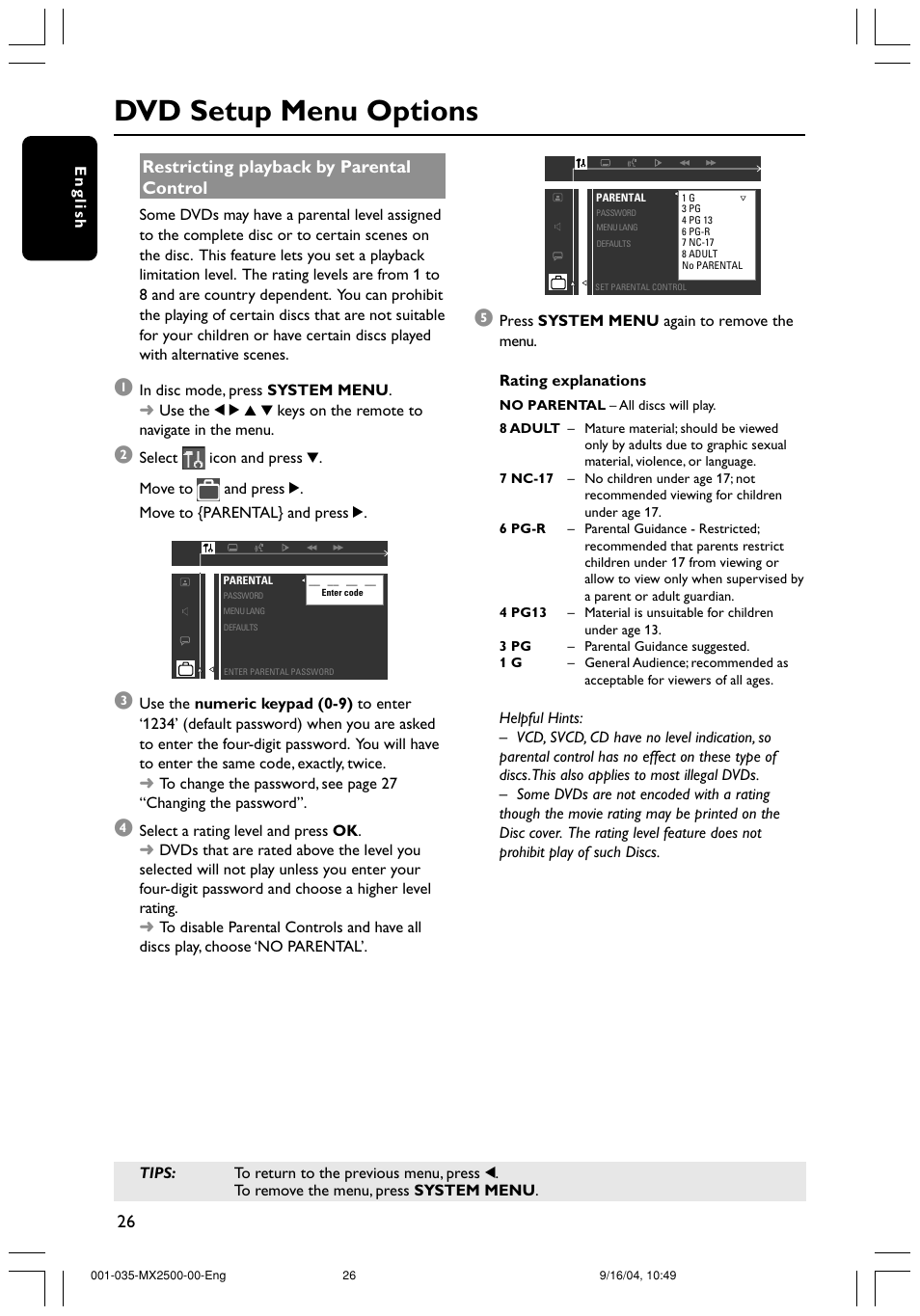 Dvd setup menu options | Philips MX2500 User Manual | Page 26 / 36