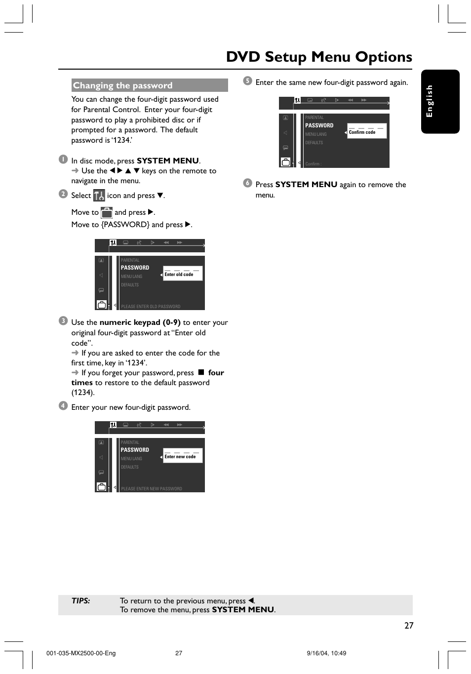 Dvd setup menu options, Changing the password | Philips MX2500 User Manual | Page 27 / 36