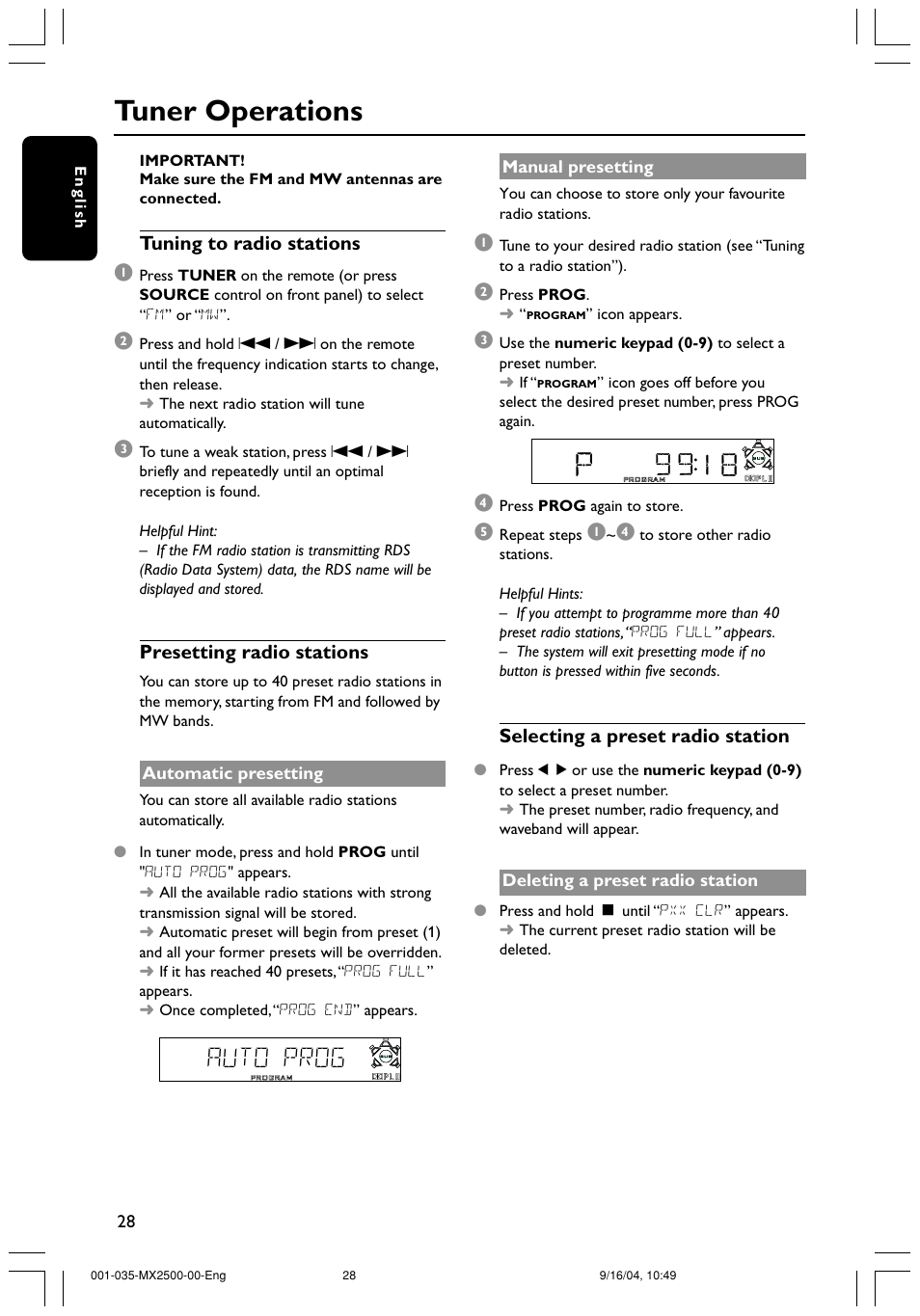 Tuner operations, Auto prog | Philips MX2500 User Manual | Page 28 / 36