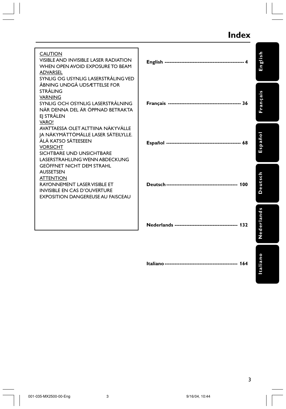 Index | Philips MX2500 User Manual | Page 3 / 36