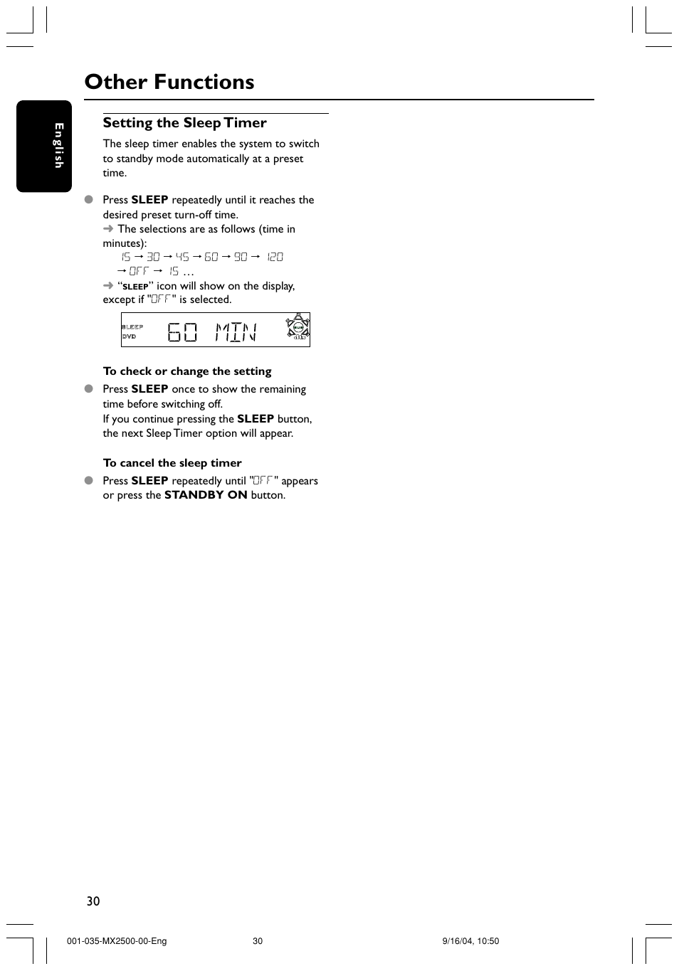 Other functions, Setting the sleep timer | Philips MX2500 User Manual | Page 30 / 36