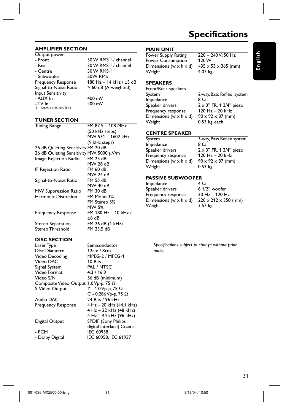 Specifications | Philips MX2500 User Manual | Page 31 / 36