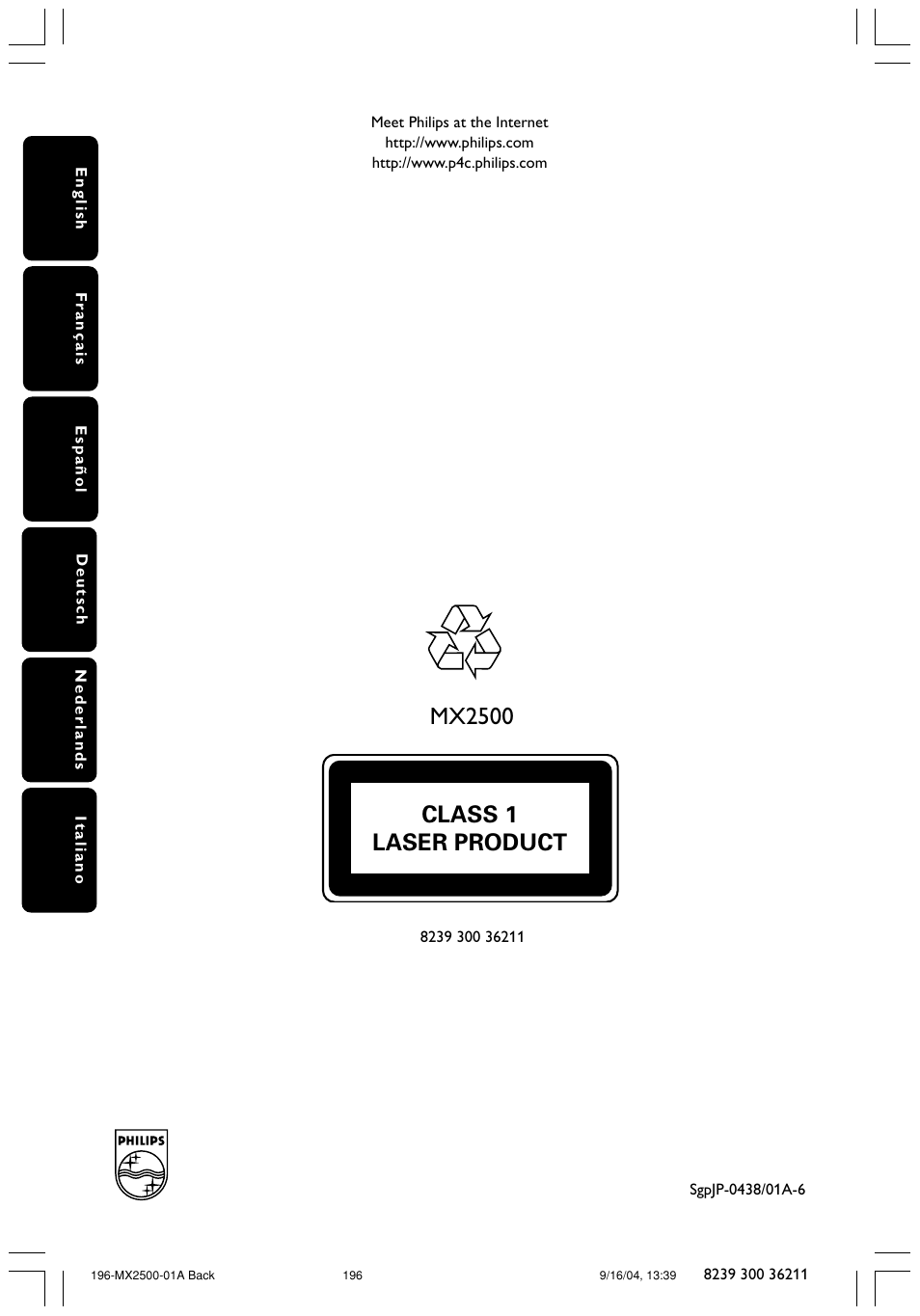 Class 1 laser product, Mx2500 | Philips MX2500 User Manual | Page 36 / 36