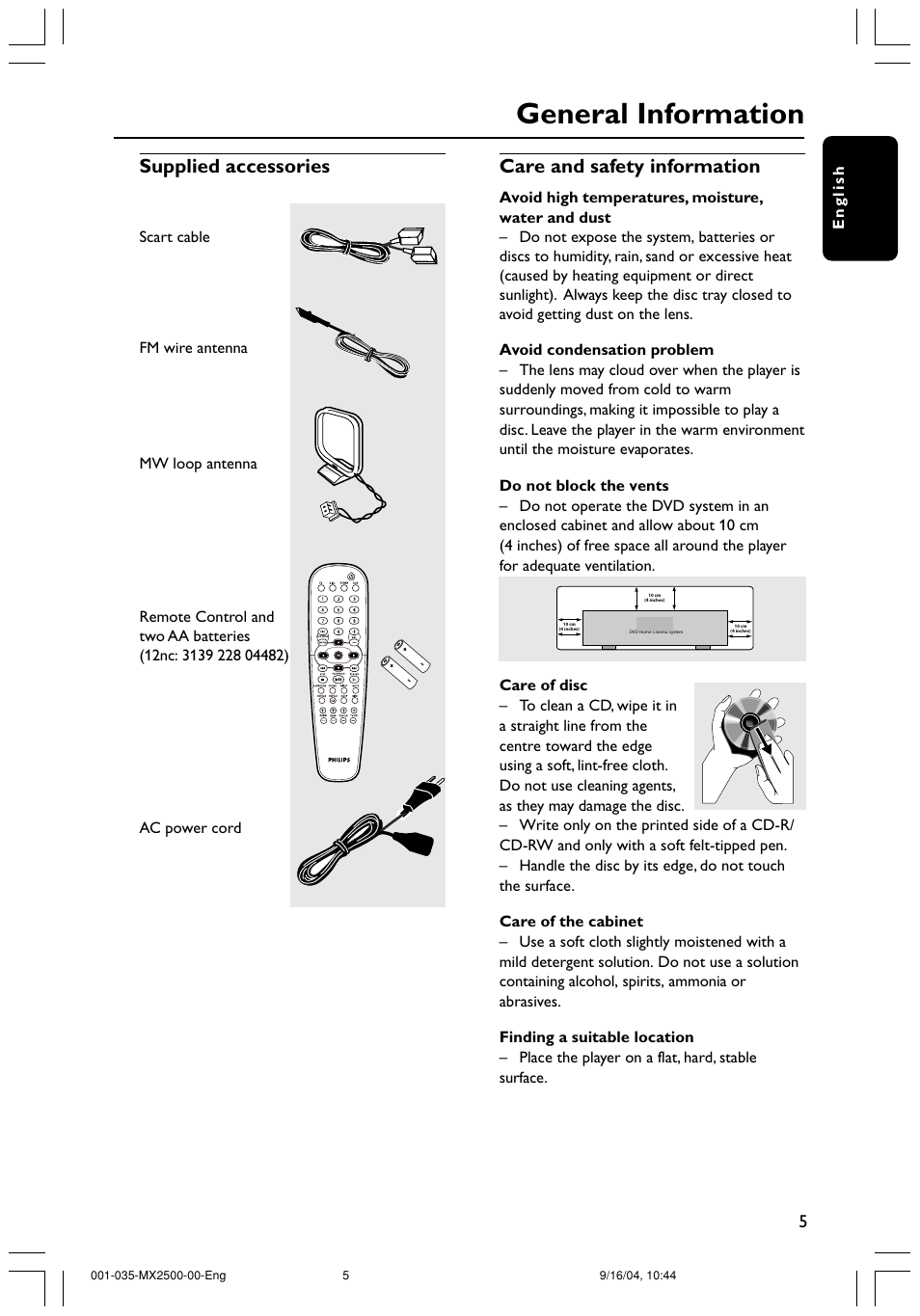 General information, Supplied accessories, Care and safety information | Philips MX2500 User Manual | Page 5 / 36