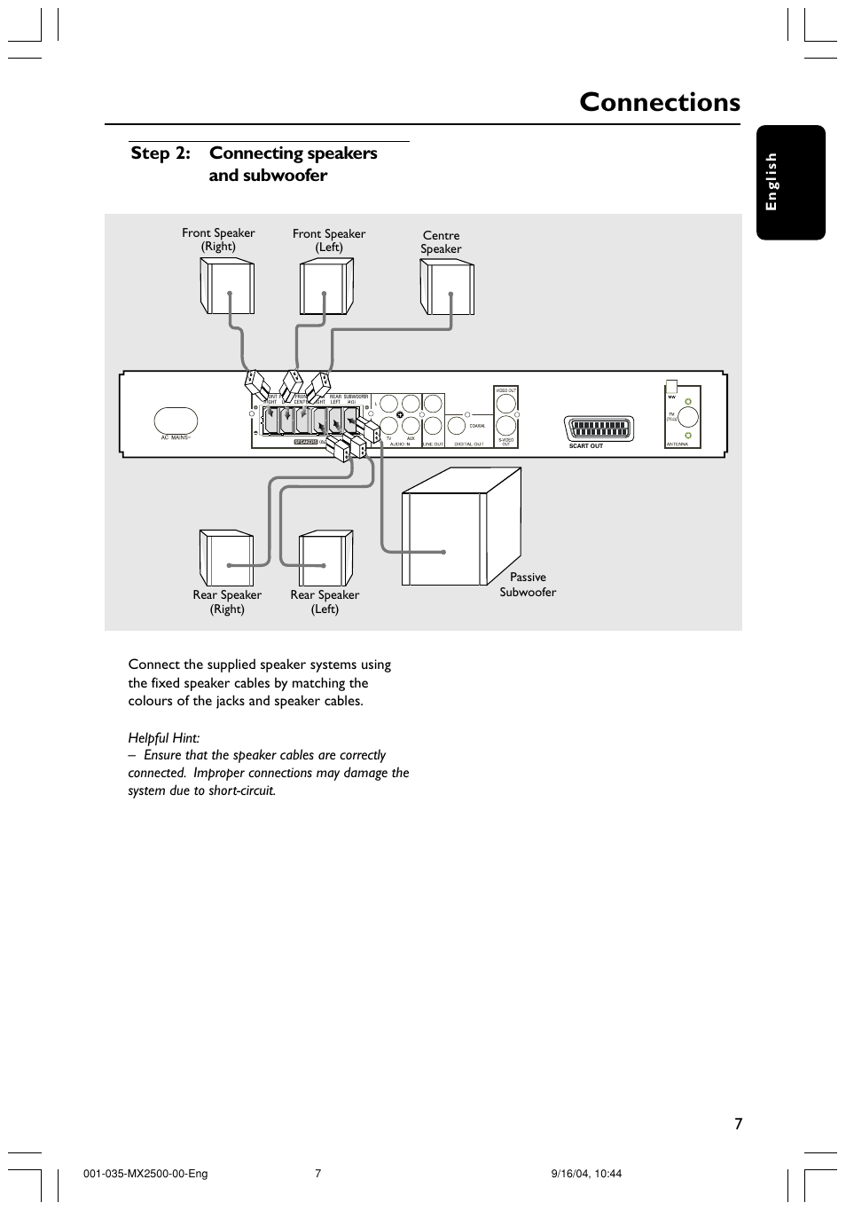 Connections, Step 2: connecting speakers and subwoofer | Philips MX2500 User Manual | Page 7 / 36