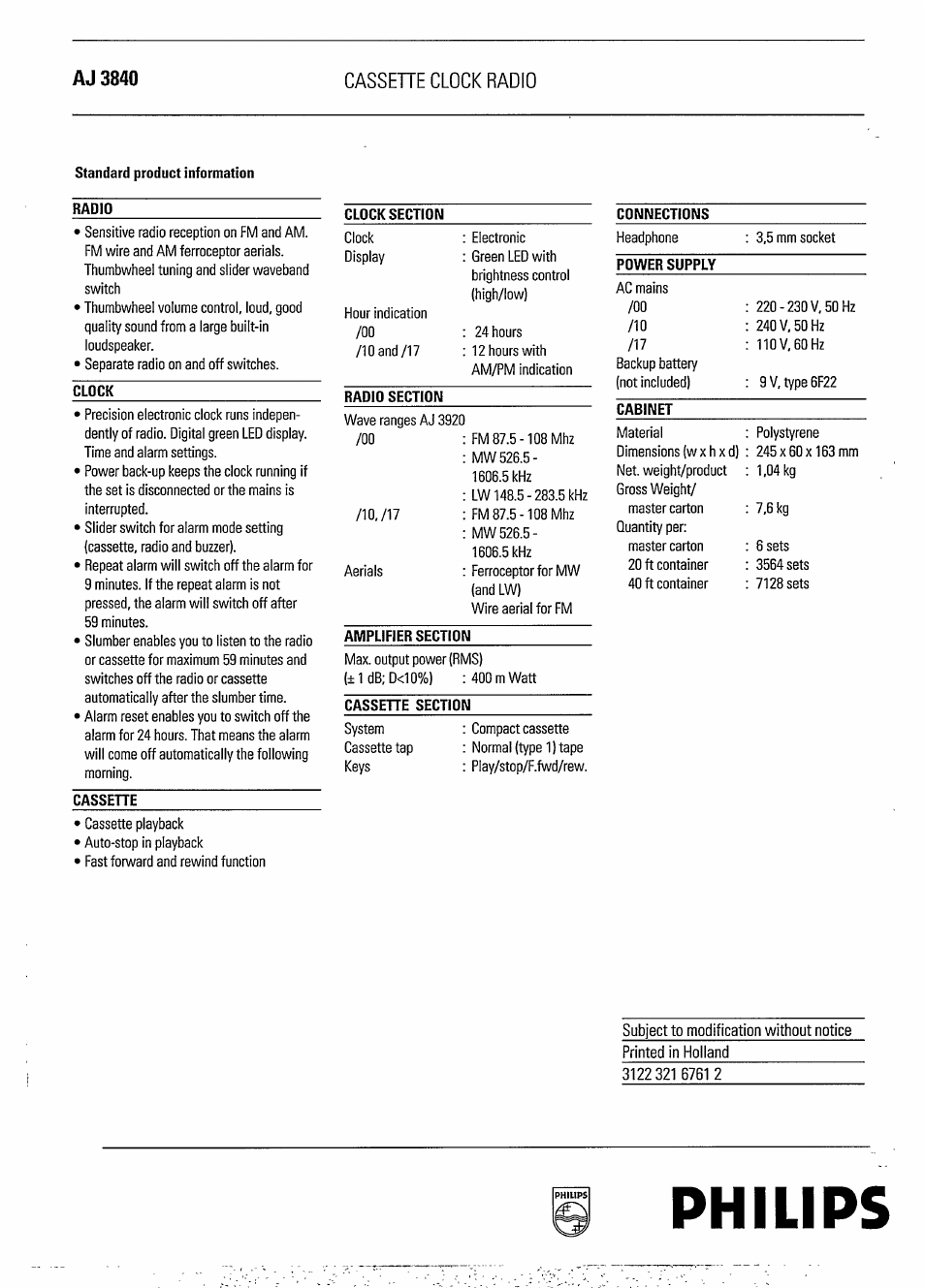 Cassette clock radio, Standard product information, Radio | Clock, Cassehe, Cassehe section, Philips, Aj 3840 cassette clock radio | Philips AJ3840/17 User Manual | Page 2 / 2