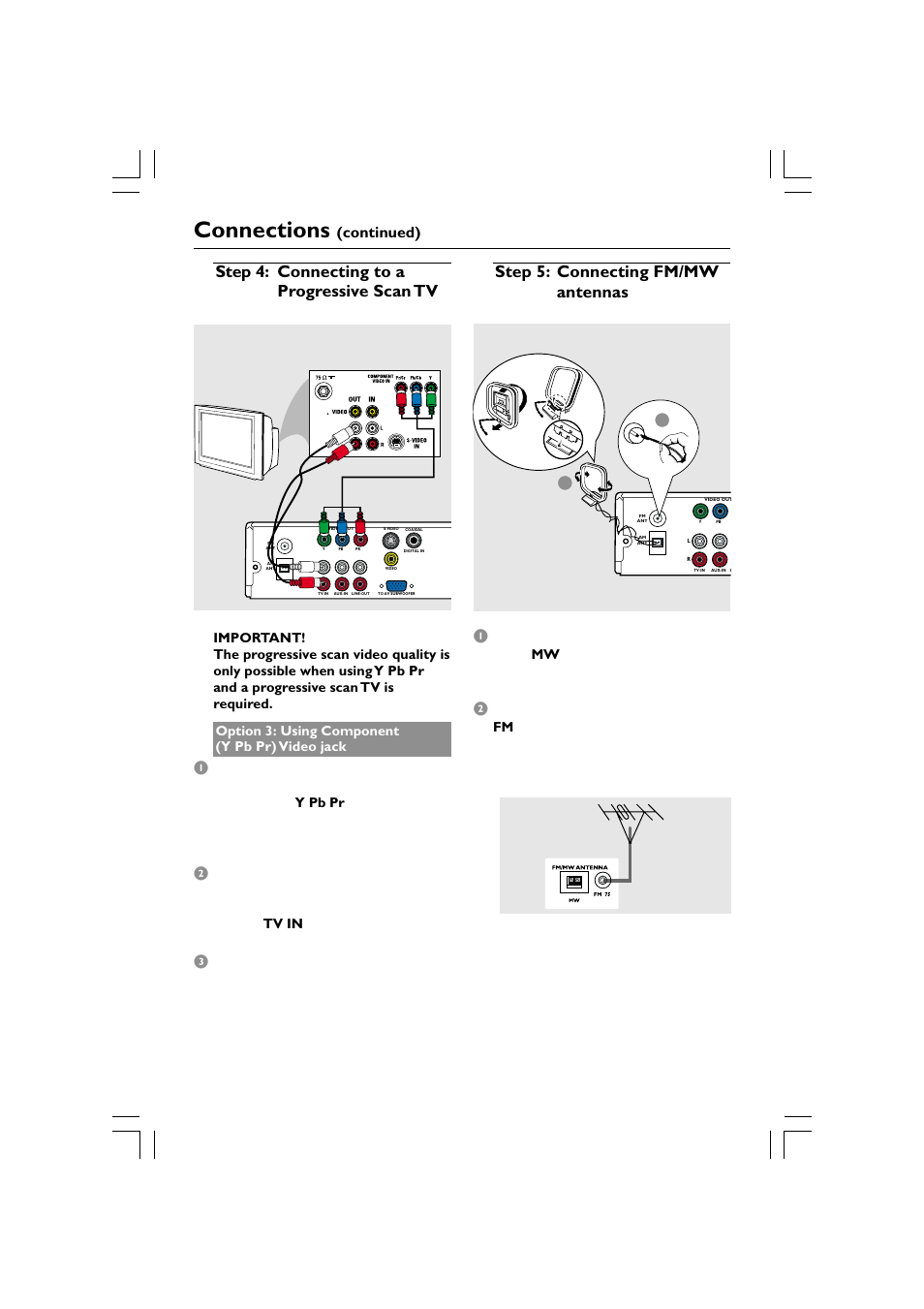 Connections, Step 4: connecting to a progressive scan tv, Step 5: connecting fm/mw antennas | Continued), Optional) | Philips HTS5510C User Manual | Page 10 / 52