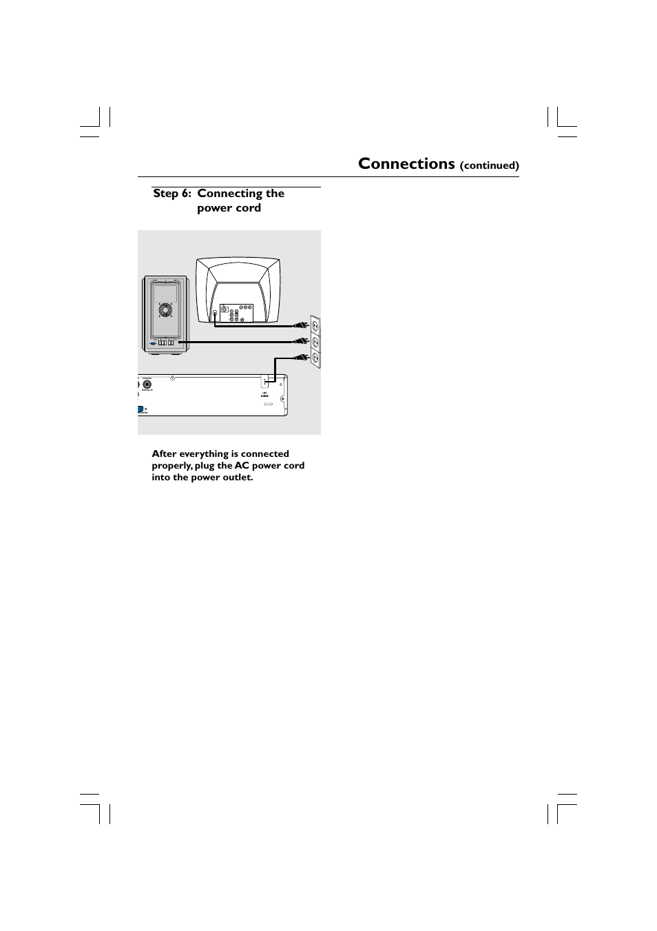 Connections, Step 6: connecting the power cord, Continued) | Philips HTS5510C User Manual | Page 11 / 52