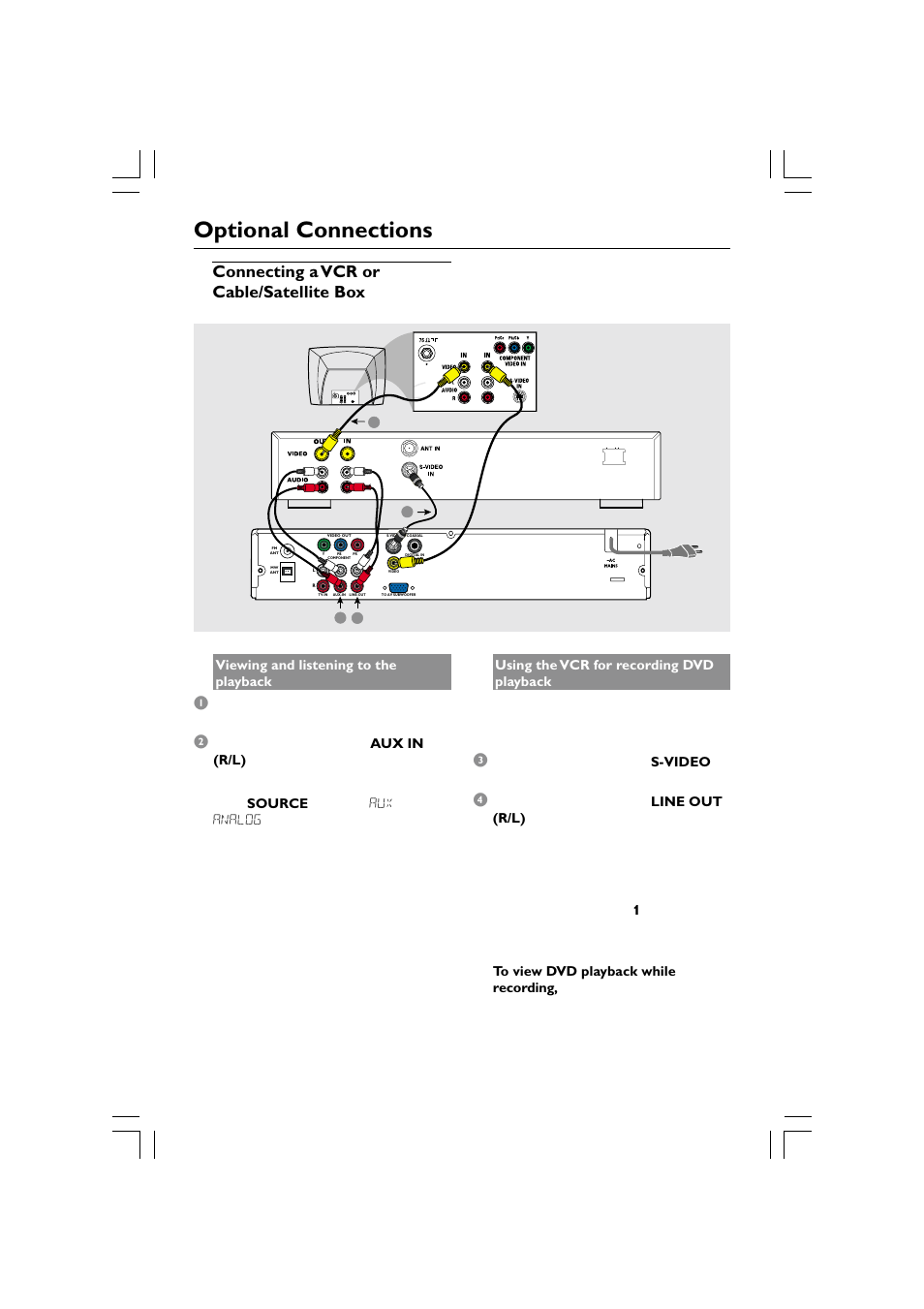 Optional connections, Connecting a vcr or cable/satellite box, 12 viewing and listening to the playback | Philips HTS5510C User Manual | Page 12 / 52