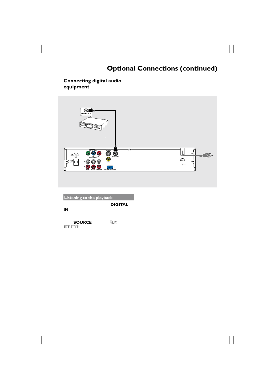 Optional connections (continued), Connecting digital audio equipment, For example) set-top box/ game console | Philips HTS5510C User Manual | Page 13 / 52